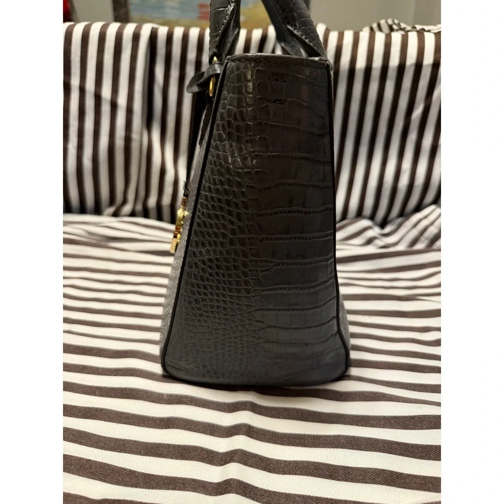 Henri Bendel Grey Crocodile Embossed Leather Satchel Handbag Gold Hardware